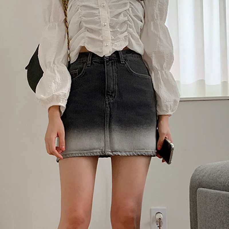 

Vintage Y2k Women Fashion Gradient Color Denim Short Skirts Summer High-Waist Zipper Gothic Club Jean Skirt Female Streetwear