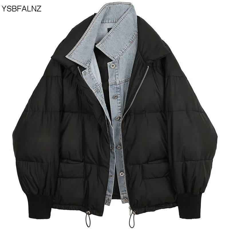 

Новинка 2023, модная теплая хлопковая куртка из двух частей, Женская осенне-зимняя Свободная джинсовая куртка большого размера с прострочкой