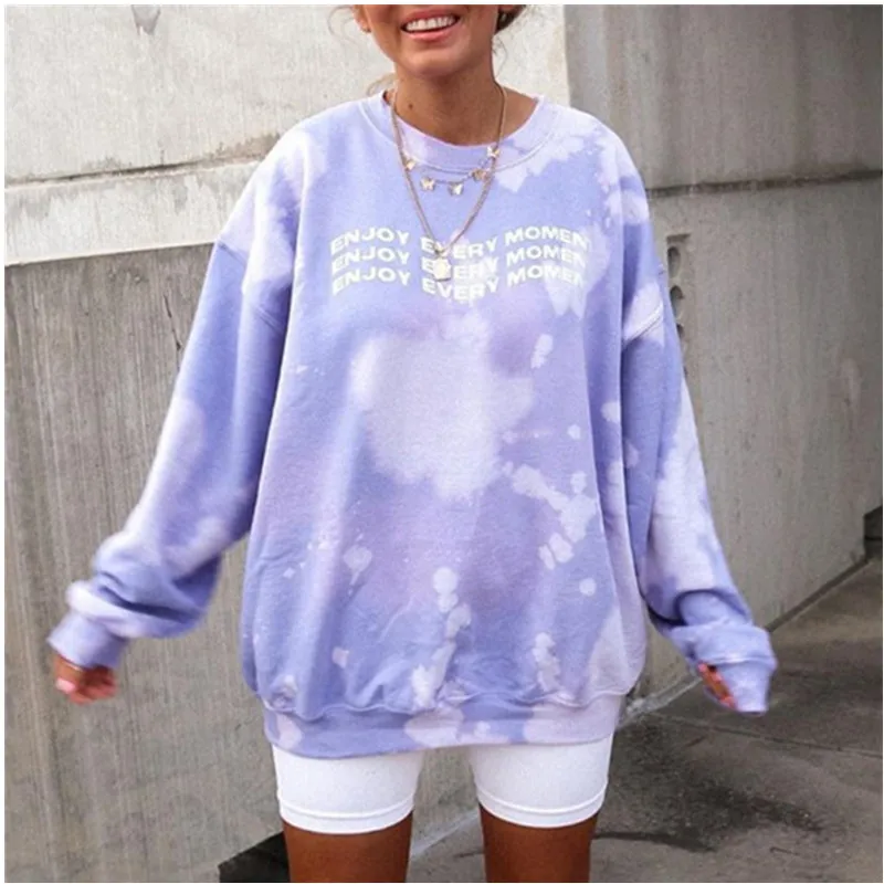 

autumn new woman sweatshirt purple tie dye print fashion loose casual pullover tops o-neck letter print hip hop long sleeve top