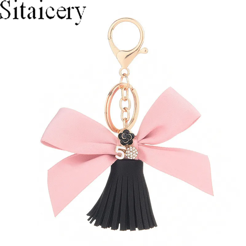 

New Charm Fashion Leather Bow-knot Keychain Cute Tassel Flower Crystal Key Chain Women Keychain Female Bag Pendant Jewelry Gift