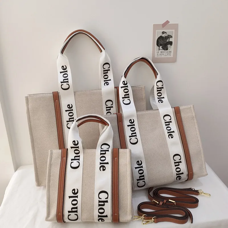 

2021 New Large Tote Bag Splicing Letter Stripe Canvas Bag Large Capacity Shopping Bag Portable Single Shoulder Diagonal Bag