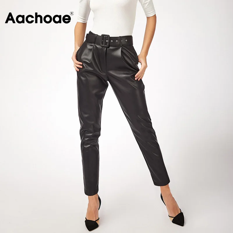 Брюки Aachoae женские из искусственной кожи с поясом длинные офисные штаны султанки