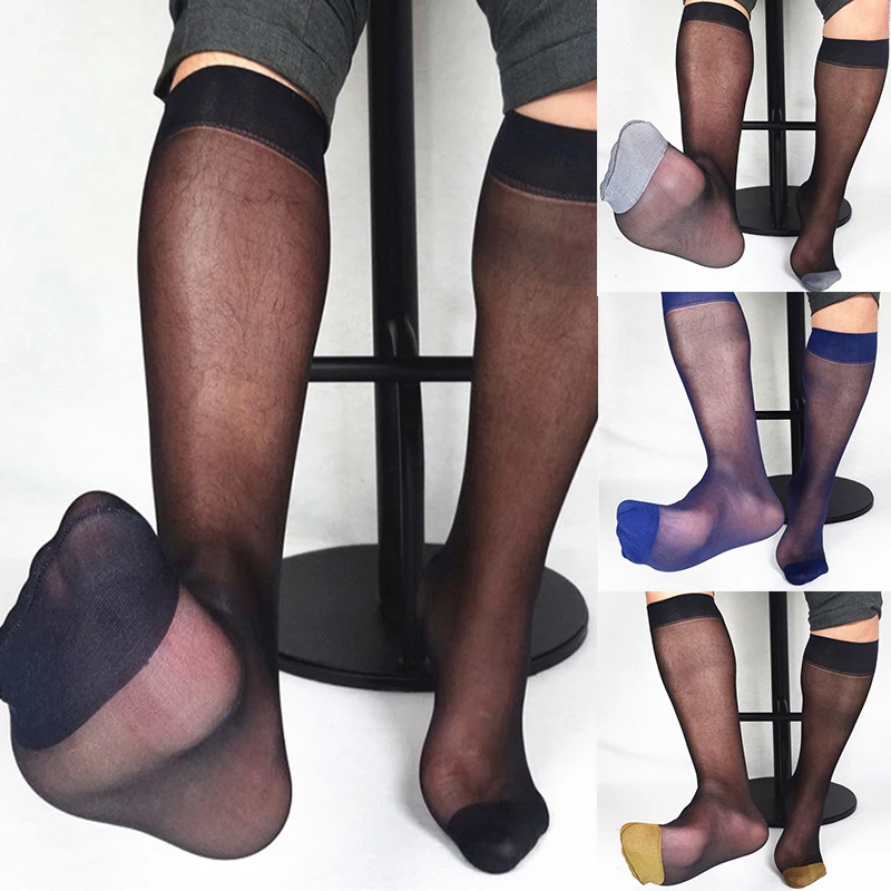 

1 Pair Medium Tube Men's Toe Sheer Socks Silk High Thin Breathable Sexy Softy Socks Business Office Stockings Black Gold Blue