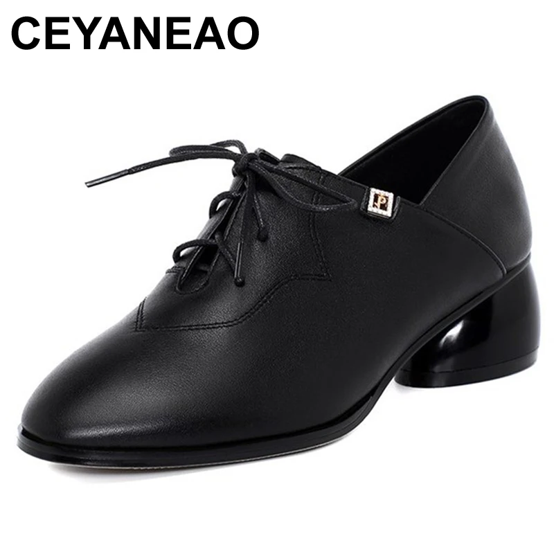 

Женские туфли CEYANEAOWomen из натуральной кожи, Новинка осени 2021, модные туфли с квадратным носком, женские удобные туфли на среднем каблуке со шн...