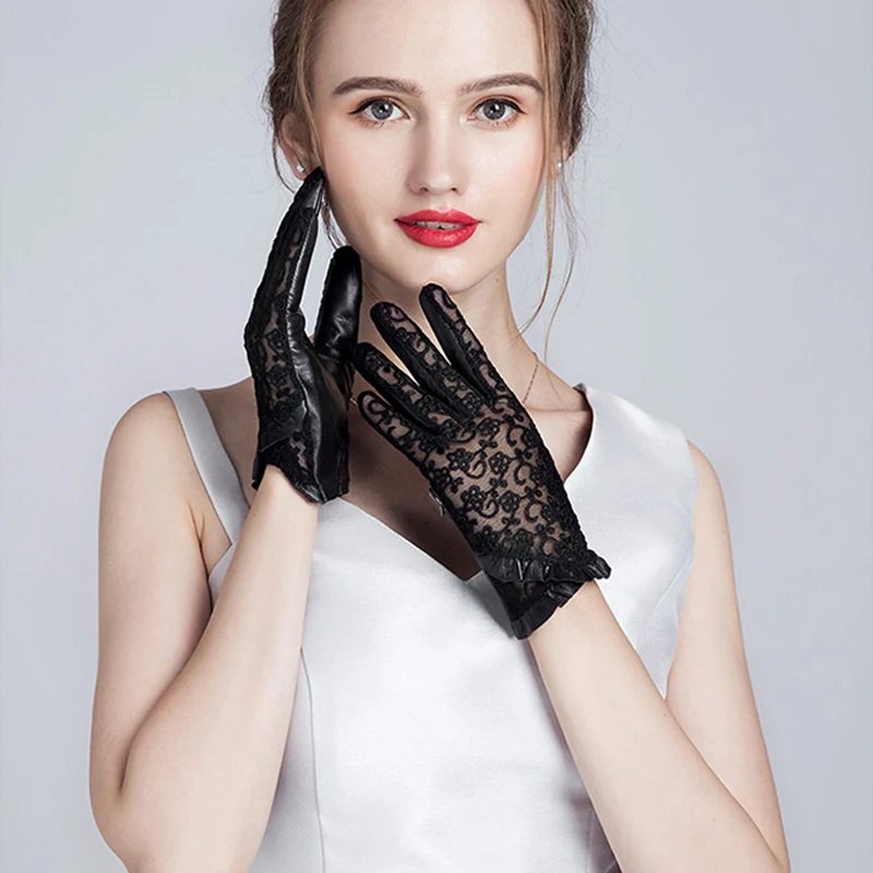

Sexy Fashion Women's Top Quality Genuine Leather Gloves Spring Autumn Thin Real Sheepskin Black Lace Gloves Women's Gloves