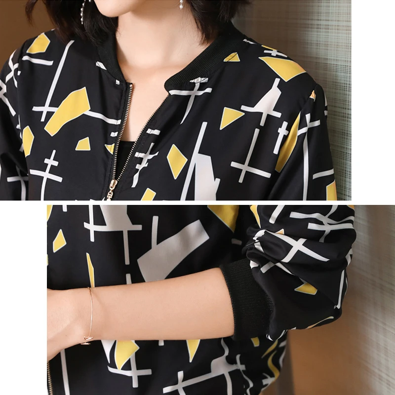 Куртка-бомбер женская с принтом тонкая базовая длинным рукавом Повседневная