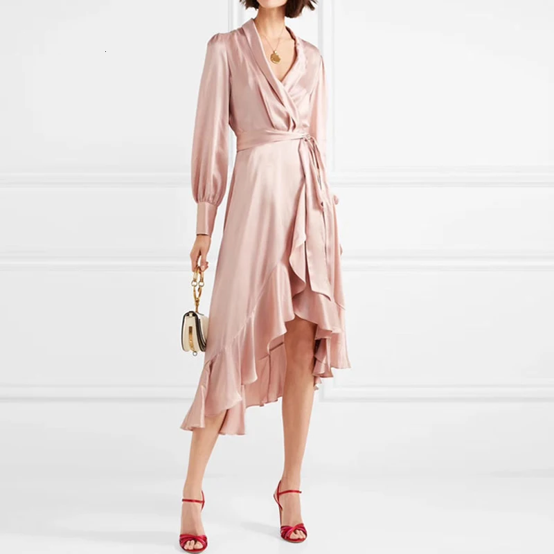 Длинные рукава фонарики повседневные розовые Сатиновые элегантные женские