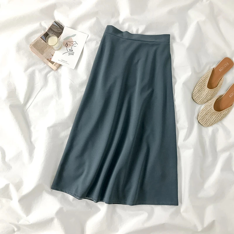 

Solid elegant women skirts 2020 summer new high waist pleated A-line knee-length office lady skirts top quality