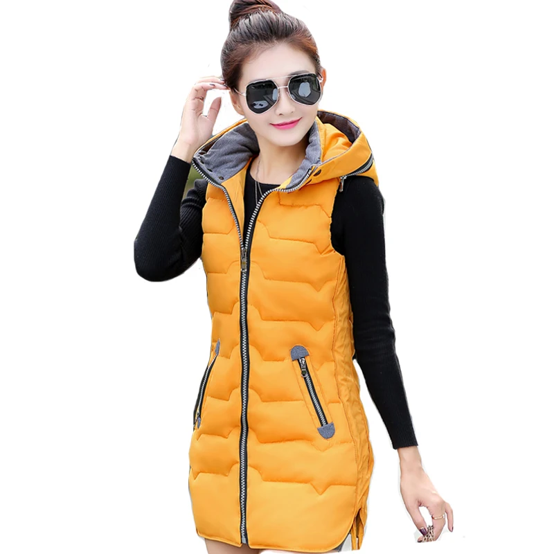

Solid collar hooded winter women vest with fur ball long autumn cotton-padded womens waistcoat large yards colete few fashion