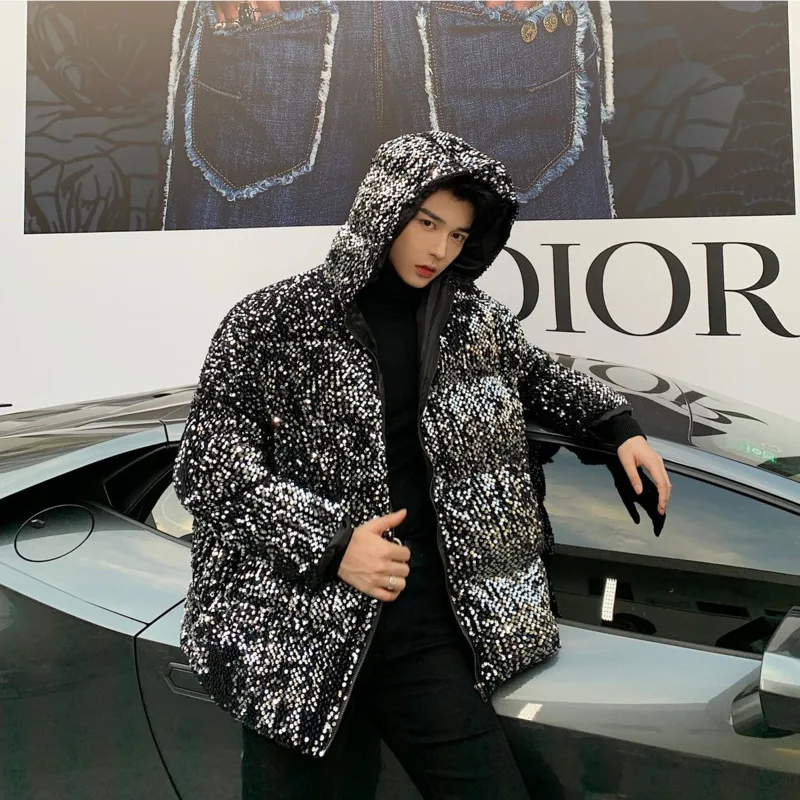 Winter Thickened Bright Parka Men's Warm Fashion Casual Hooded Coat Men Streetwear Wild Loose Hip Hop Performance Jacket Mens