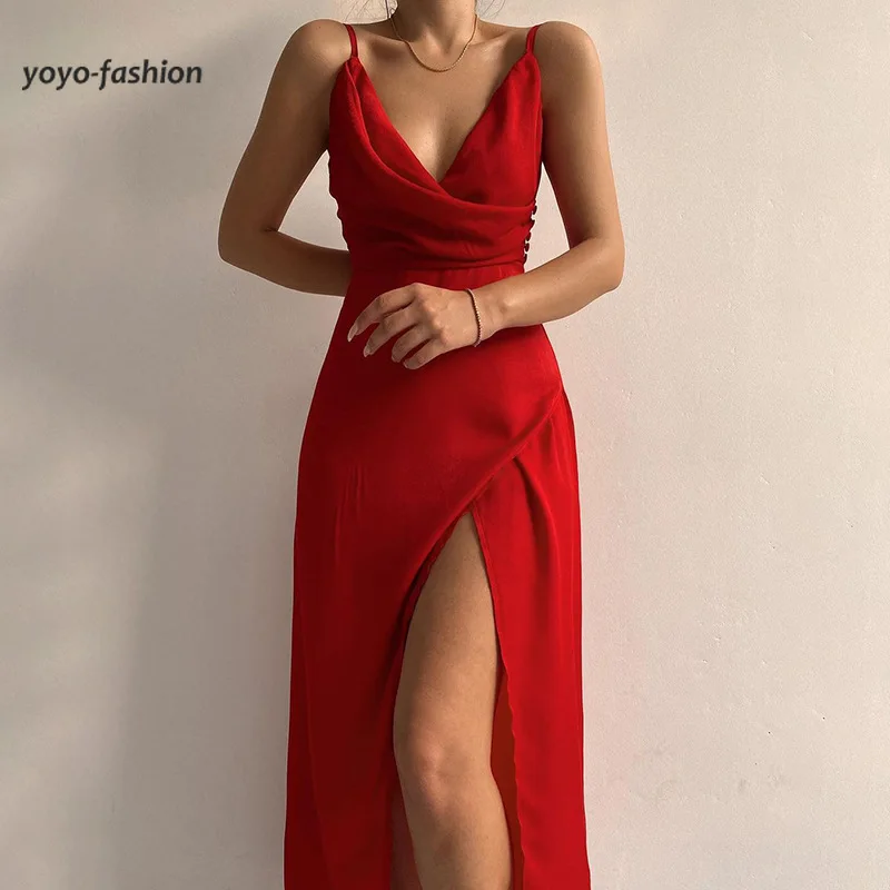 

Women's Simple Satin Split Solid Party Banquet Dress Sexy V-neck Strap Temperament Dresses Elegant Spring Autumn Vest Long Skirt