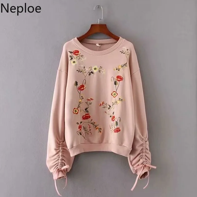 Neploe Корейская Милая Цветочная вышивка толстовки с круглым вырезом длинными
