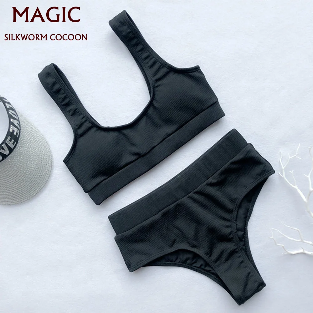Женский купальник новый черный комплект бикини с высокой талией пуш ап