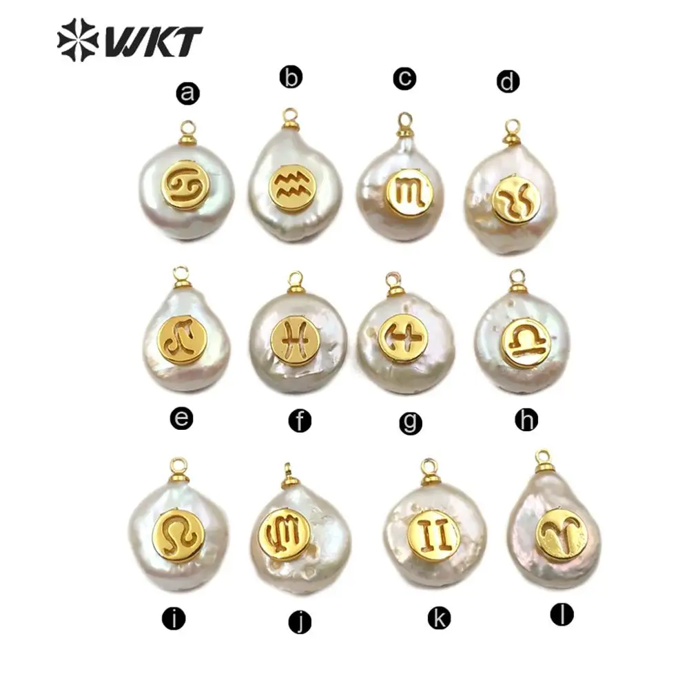 WT-JP161 twelve constellations gold pattern carved Pendant round shape pearl special gift for women Necklace Jewelry | Украшения и