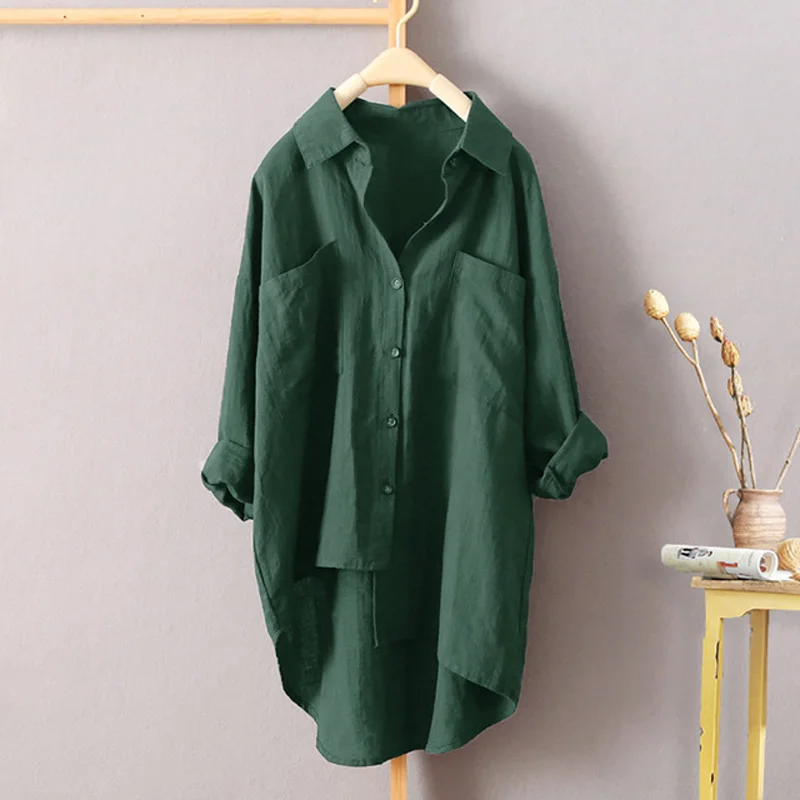 

S-5XL Plus Size White Women Casual Blouse Shirt Turn Down Collar Solid Color Loose Tops Tee Front Short Back Long Pocket