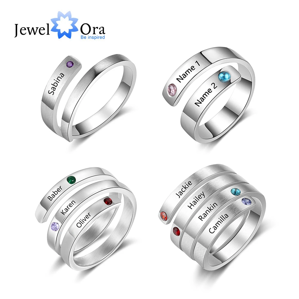JewelOra Personalized Mothers Rings Custom Name Birthstone Wrap Rings for Women Engraved Jewelry Anniversary Gifts for Mom