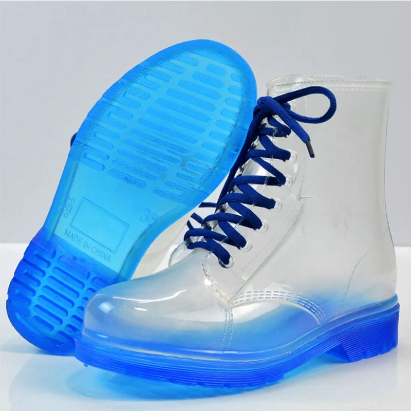 Gtime Women Rain Boots Lady Lace Up Waterproof Shoes Woman Transparent Candy Colors Ankle Botas Outdoor chaussures femme SG8 | Обувь