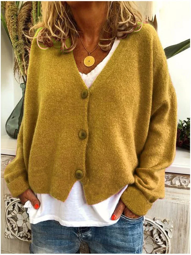

Fashion Casual Loose V-Neck Long Sleeve Open Sweater For Autumn Winter 2021 Female New Hot Sale With Button Cotton Sweaters coat