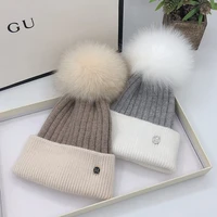 new hat for women winter warm beanies real fox fur pompom knit hats ladies casual fashion cap