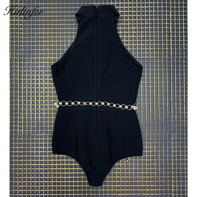 Sexy Deep Bodysuit Women Chest-wrapped high collar Shoulder-exposed black pants Girdle belt Summer Jumpsuit Leotard Bodies