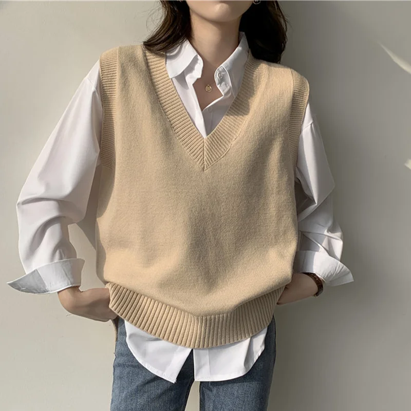 

women's knit sweater vest solid v-neck oversized loose pullover top female autumn 2021 fashion casual korean office lady vests