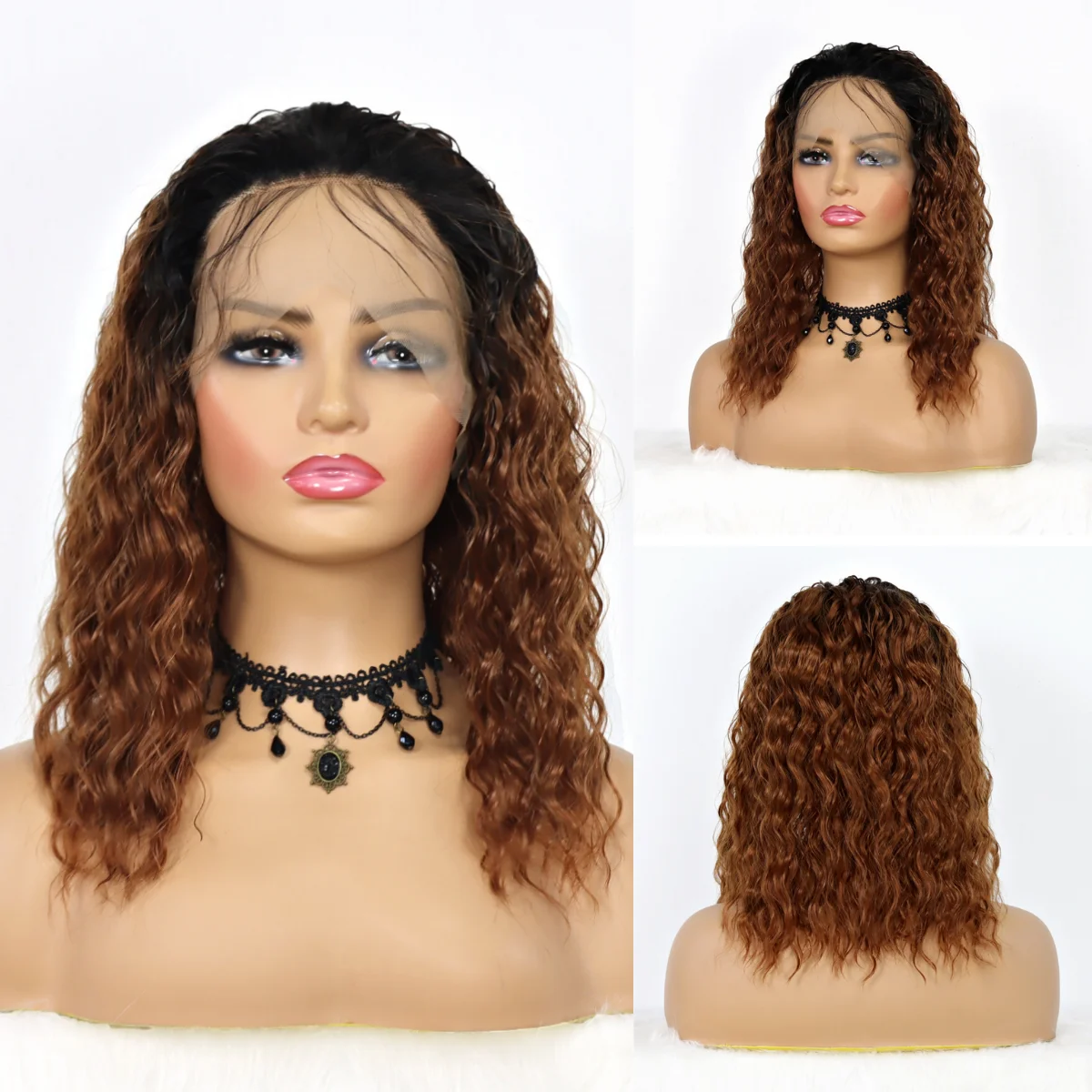 13x4 Lace Front Synthetic Wigs for Black Women Natural Hairline Ombre Brown 14''  Small Curly Wavy  Hair Lace Front Wigs