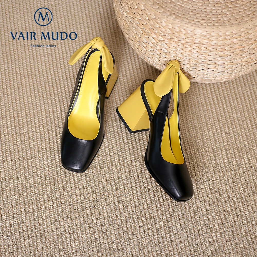 

VAIR MUDO Ankle Pumps Shoes Women Elegant High Heels Genuine Leather Square Toe Concise Patchwork Butterfly-Knot Shoes D194L
