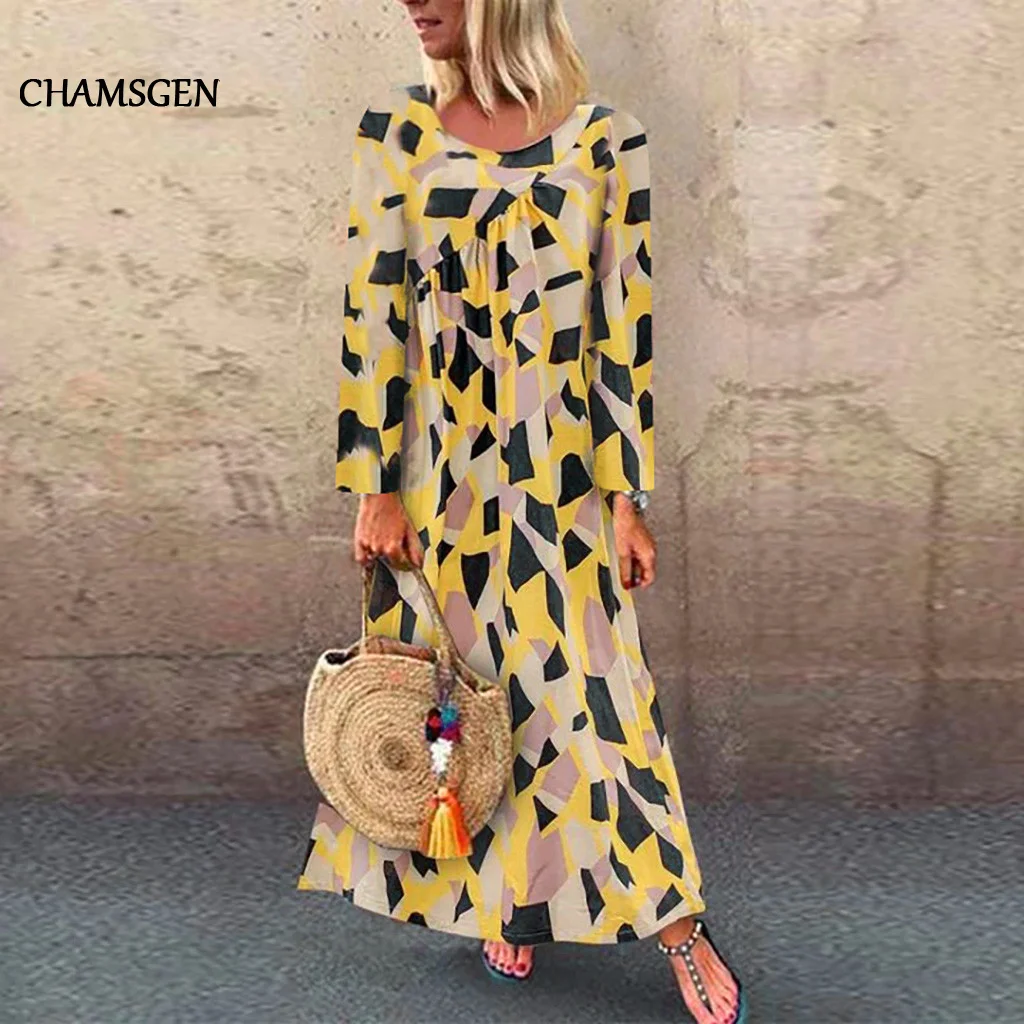 Женское длинное платье с длинным рукавом из хлопка и льна|Женские платья| |