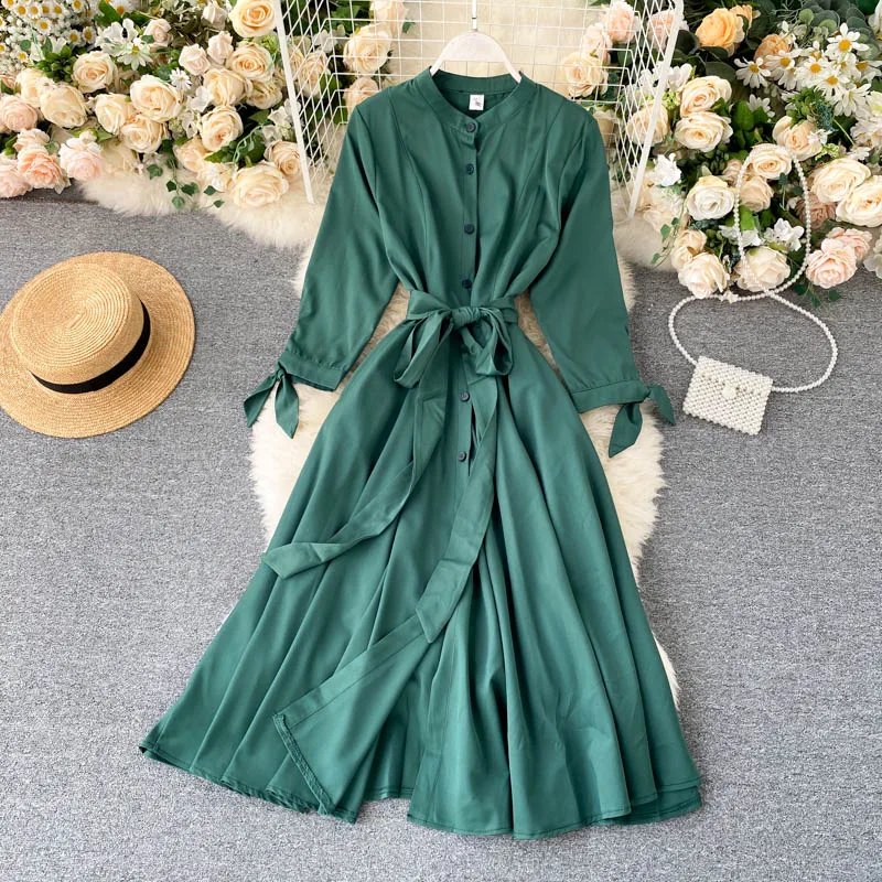 SINGRAIN Elegant Solid Women Dress Autumn Stand Collar Breasted Long Sleeve Lace up French Casual Streetwear A-line | Женская одежда