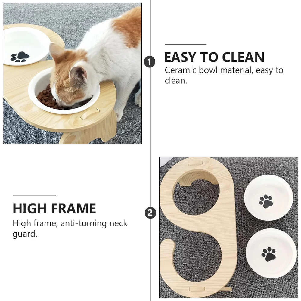 

1Pc Cat Dog Double Eating Bowl Wooden Ceramic Feeder Practical Pet Supply