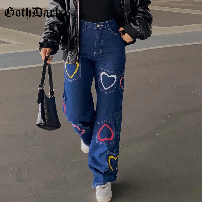 

Goth Dark Heart Print Gothic Harajuku Wide Leg Jeans E-girl Aesthetic Cute Baggy Pants High Waist Patchwork Streetwear Trousers