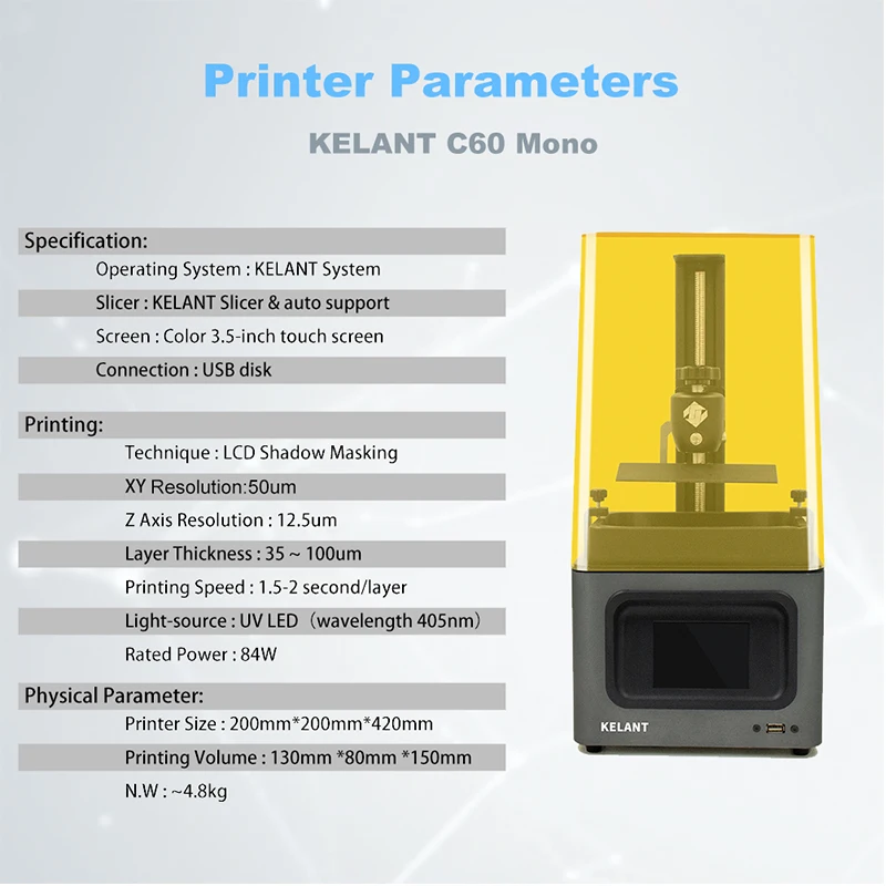 3D принтер SLA KELANT C60 Mono 6 8 дюйма 2K монохромный с ЖК дисплеем большой размер печати