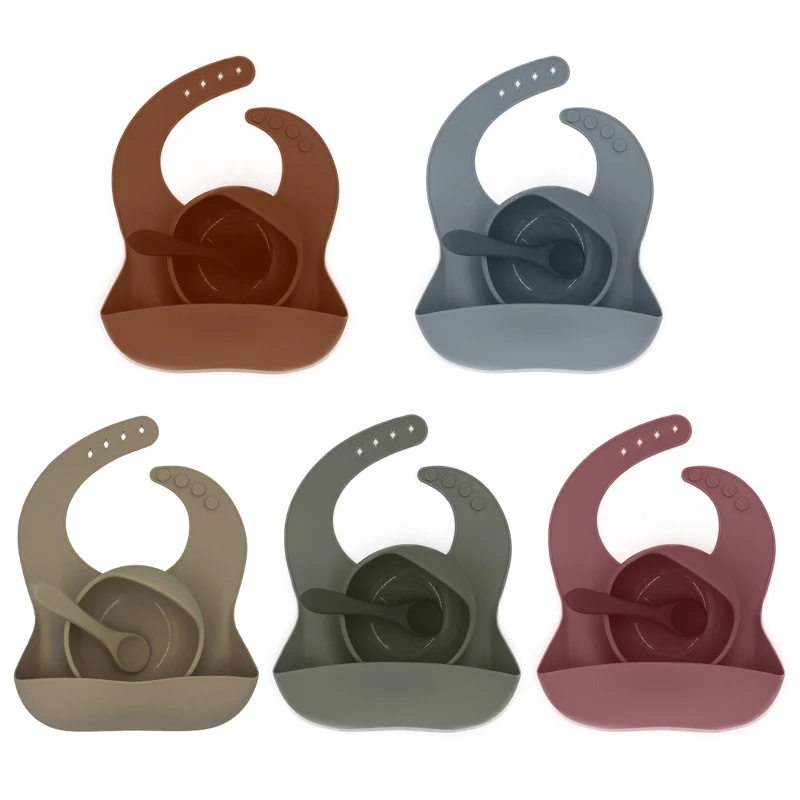 Juego de vajilla para beb&eacute;, Baberos para reci&eacute;n nacido, plato de cena, juego de cuchara, impermeable, alimentaci&oacute;n de silicona de grado alimenticio, toalla para Saliva y dentici&oacute;n, 3 uds.-0