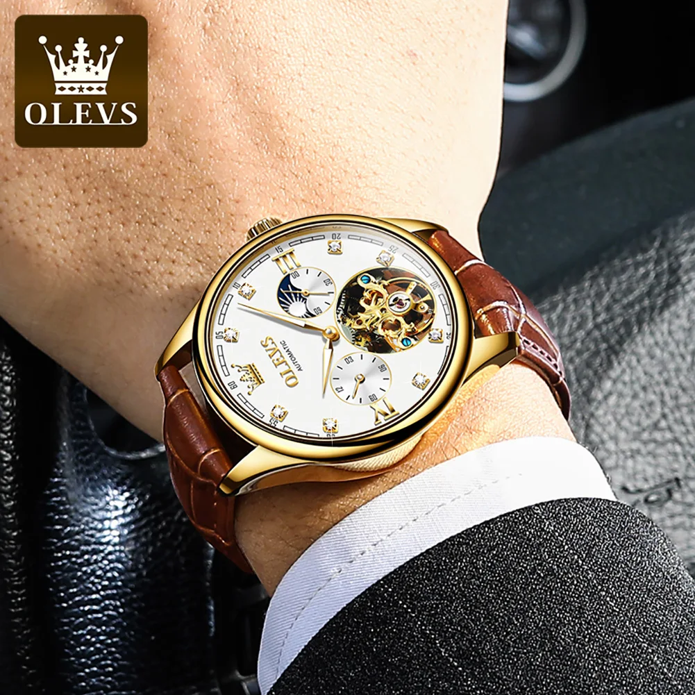 

OLEVS Watch for Men Classic Hollow Tourbillon Watches Men Mechanical Wristwatches Leather Strap Moon Phase Automatic Watches