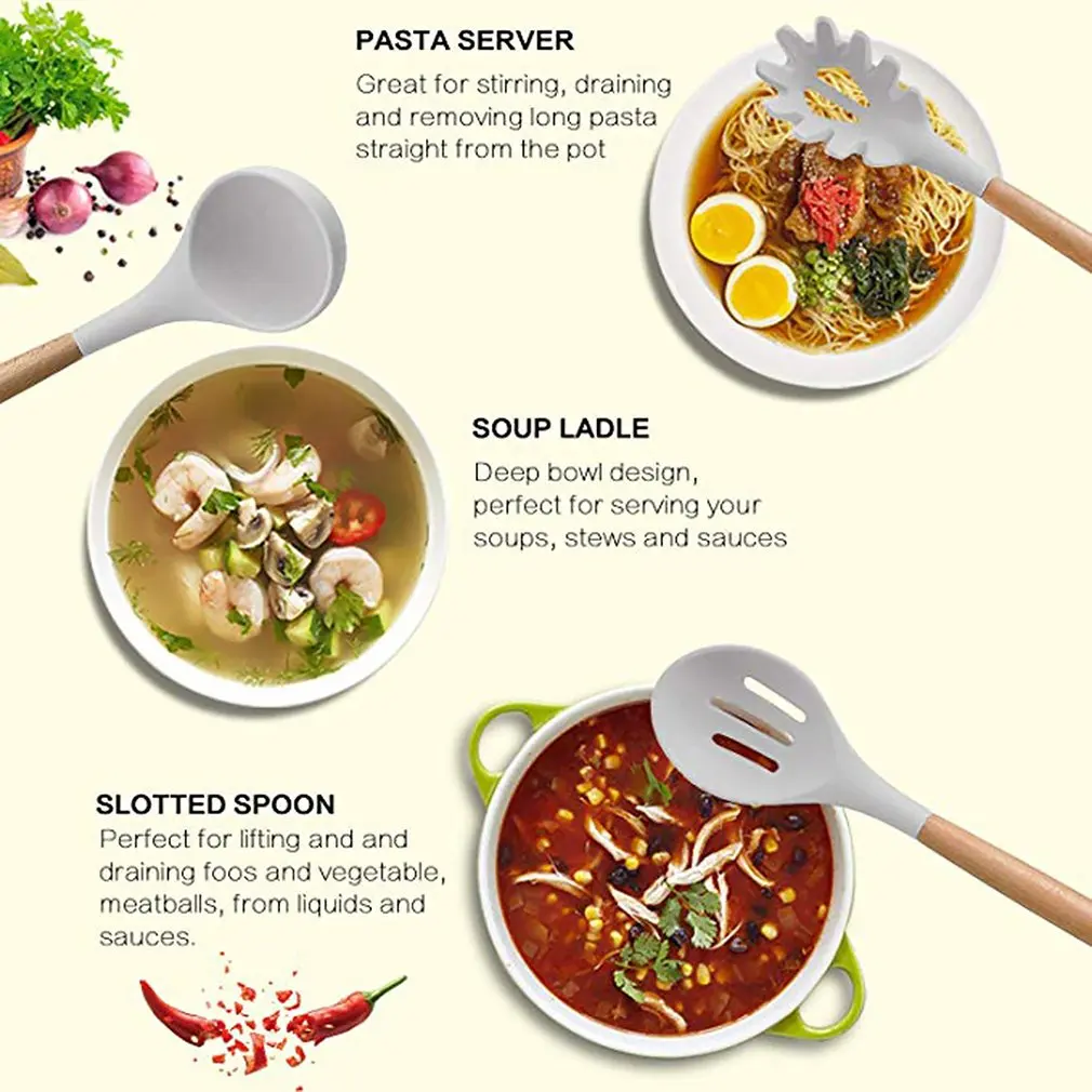 Набор из 11 силиконовых кухонных принадлежностей с деревянной ручкой