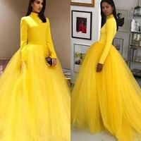 2020 saudi arabic long sleeve high neck yellow prom dresses tulle sweet 16 dress quinceanera formal elegant evening gowns