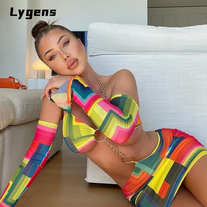 

Lygens Women 2021 Summer Tie Dye Print Long Sleeve Chain Hollow Out Mini Dress Bodycon Sexy Streetwear Party Club Clothes
