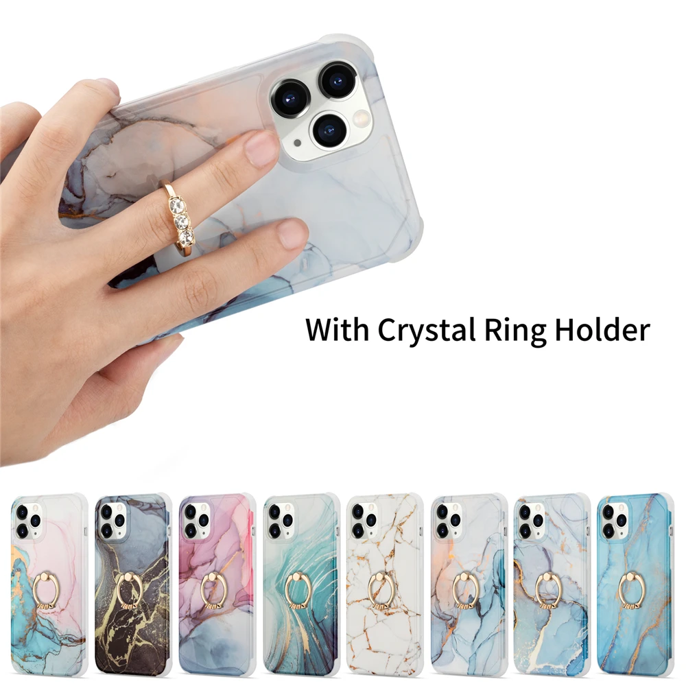 

Signalshin Glossy Marble Phone Case For Samsung Note S20 FE Ultra A50 A71 S10 Plus Ring Holder Stand Crack Pattern Airbag Cover