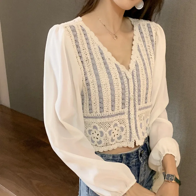 

2021 Chiffon Blusas Women Fashion Long Sleeve Hook Flower Hollow Blouse Summer Women's Short Clothes Vintage Crochet Tops A89