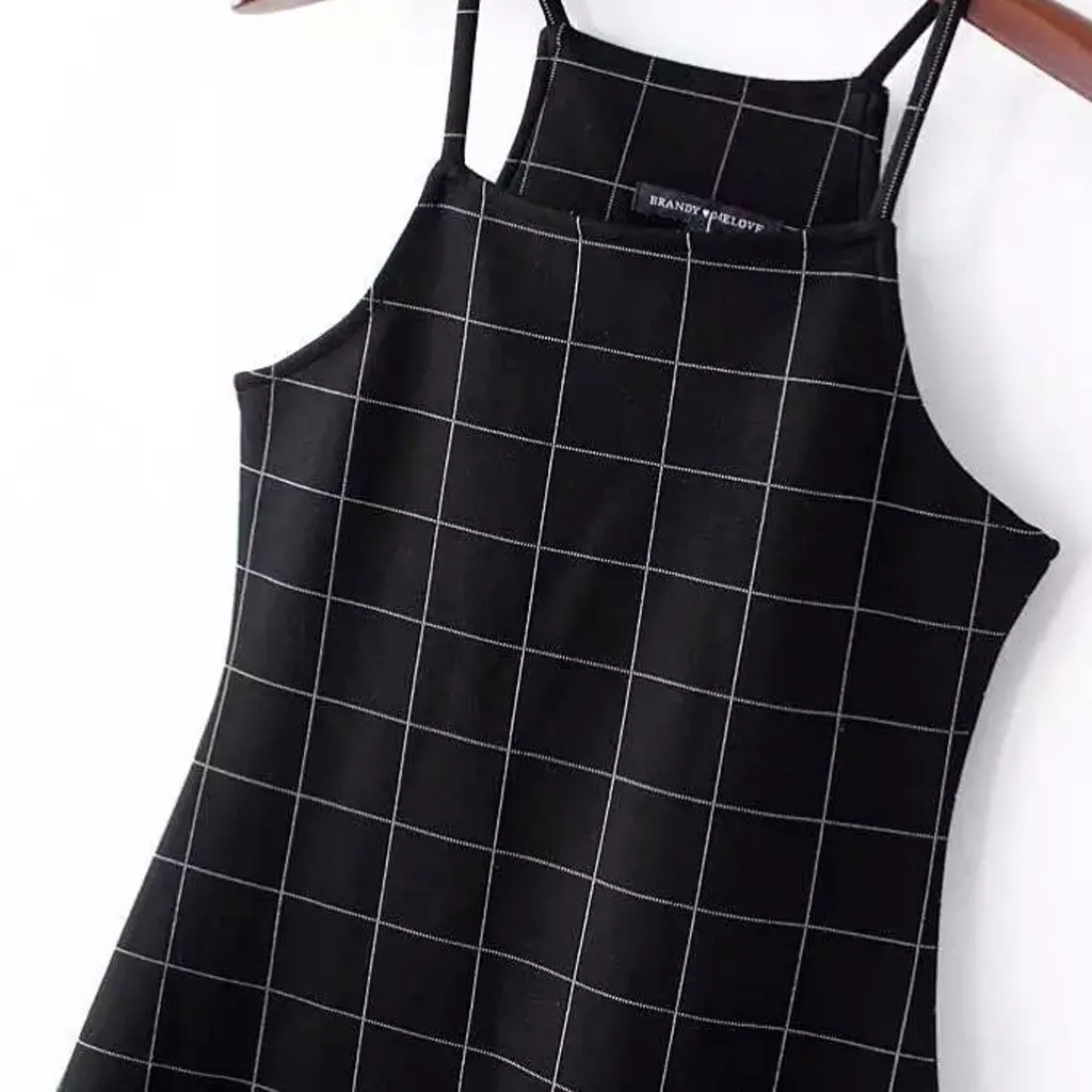 

Sexy Women Fashion Sleeveless Halter Black Plaid Backless Strap Mini A-shaped Dress 2021 Summer Casual Party Dresses vestidos