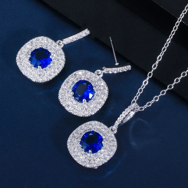 CWWZircons блестящие крошечные серьги из кубического циркония и кулон ожерелье Мода 1.25ct Королевский Синий CZ Ювелирные наборы для женщин T024