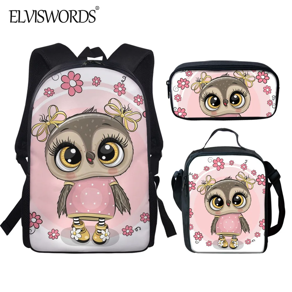 

ELVISWORDS Kawaii Owl Print School Backpack for Girls Primary Student Cartoon Schoolbag Set 2020 Back to School Lovely Book Bag
