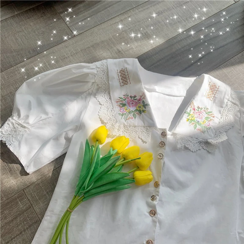 

Lucyever Sweet Lace Embroidery White Shirt Women Summer Peter Pan Collar Puff Short Sleeve Shirts Female Cotton Blusas Mujer