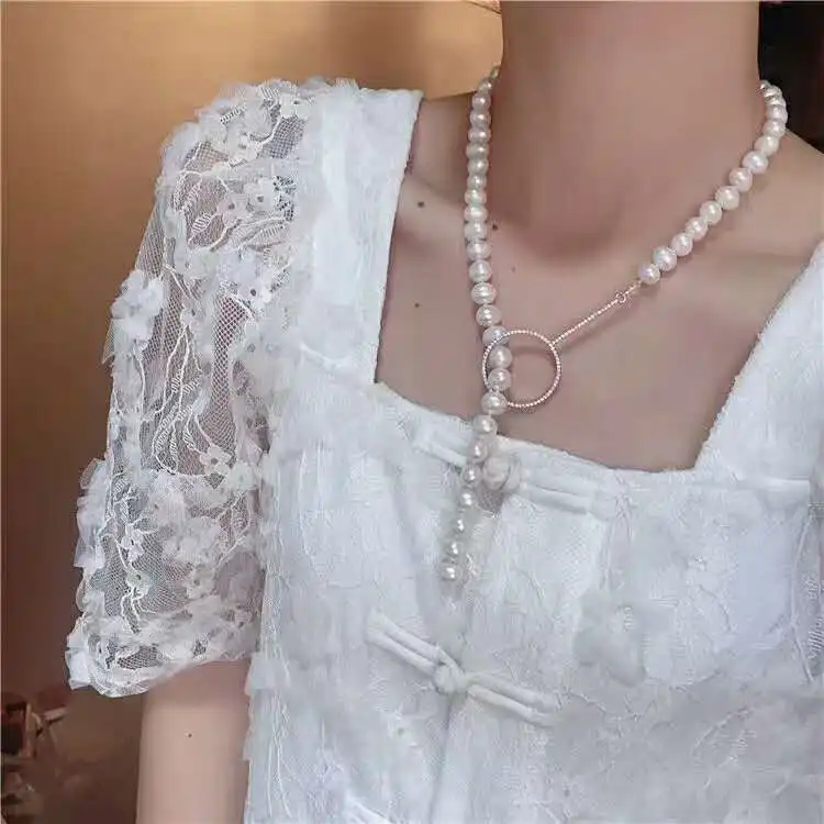 

Hand knotted simple noble 8-9mm 60cm white freshwater pearl micro inlay zircon accessories necklace