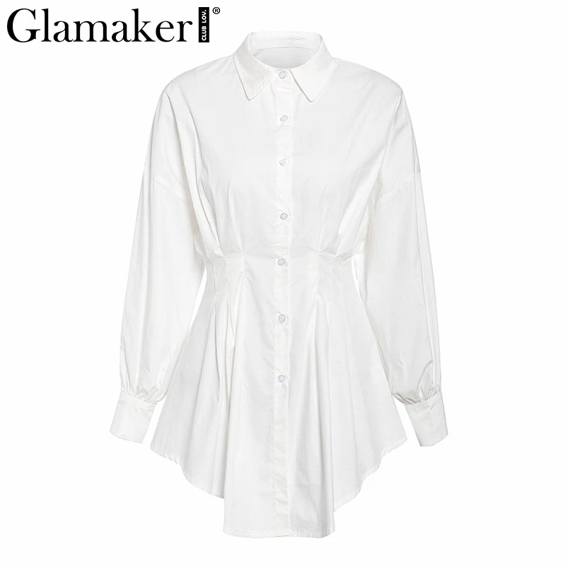 White Glamaker, белое мини-платье с рукавом летучая мышь, Женская Офисная плиссированная блузка, платье-рубашка, Осеннее приталенное Элегантное короткое платье с высокой талией - Color: White