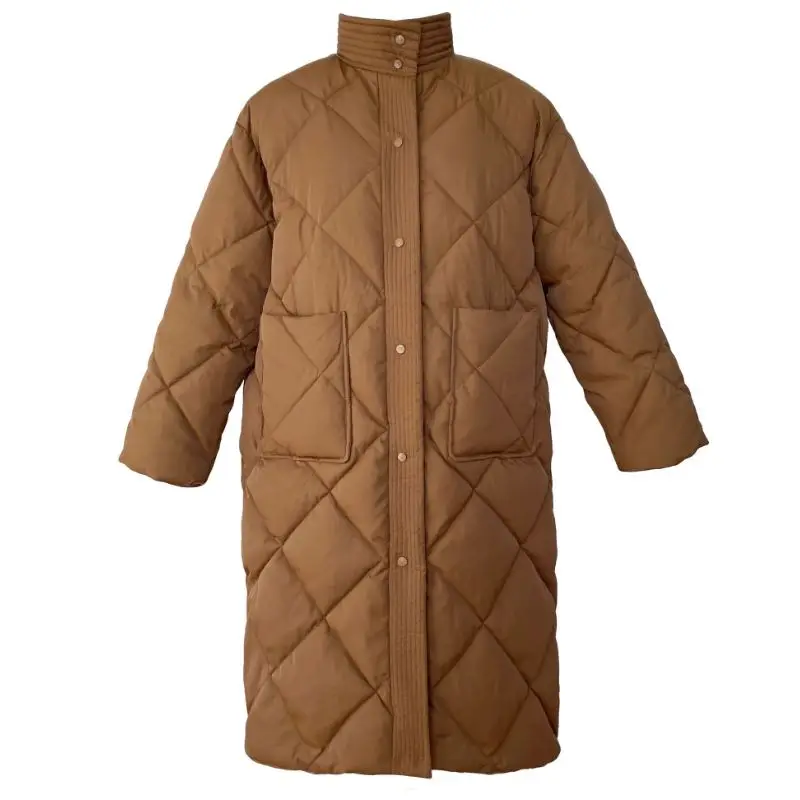Chic Rhombus Pattern Stand Collar Warm Puffer Jacket Fashion Long Sleeve Solid Coat Women Winter Pocket Parkas Jacket for Women