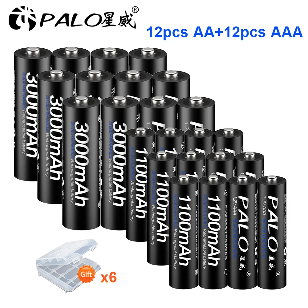 12AA and 12AAA PALO 8 шт. 1,2 V AA перезаряжаемая батарея 3000mah NIMH 1,2 V aa аккумуляторная батарея+ 8 шт. 1100mah AAA батарея для микрофонной игрушки - Цвет: 12AA and 12AAA