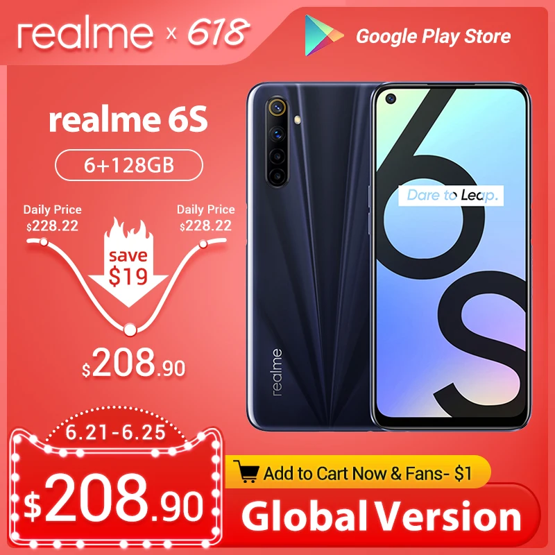 Перейти на Алиэкспресс и купить Новый realme 6s смартфон 6 ГБ 128 90 Гц 6,5 дюймов FHD + безрамочный экран с Дисплей телефон 48MP Qual камеры Android 4300 мА/ч, 30W чейнджер