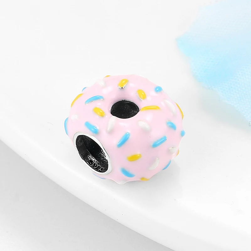 ew 925 Sterling Silver Pink Enamel Donuts Cute Beads Jewelry making fit Original European Charm Bracelet Women | Украшения и