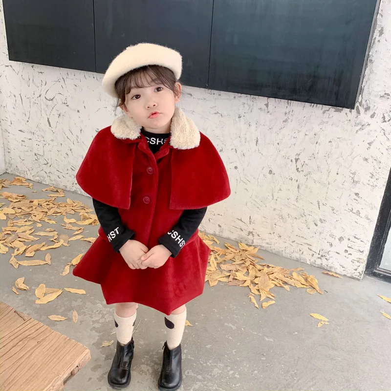 

2pcs Kid Girls Red Woolen Jackets Winter Woolen Capes for Toddler Girls Cloak Outerwear Children Woolen Coats Sets Girls Outfits